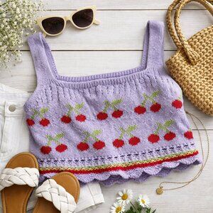 Zara Cherry Sweater Tank Lavender Large Knit Crop Top Coquette